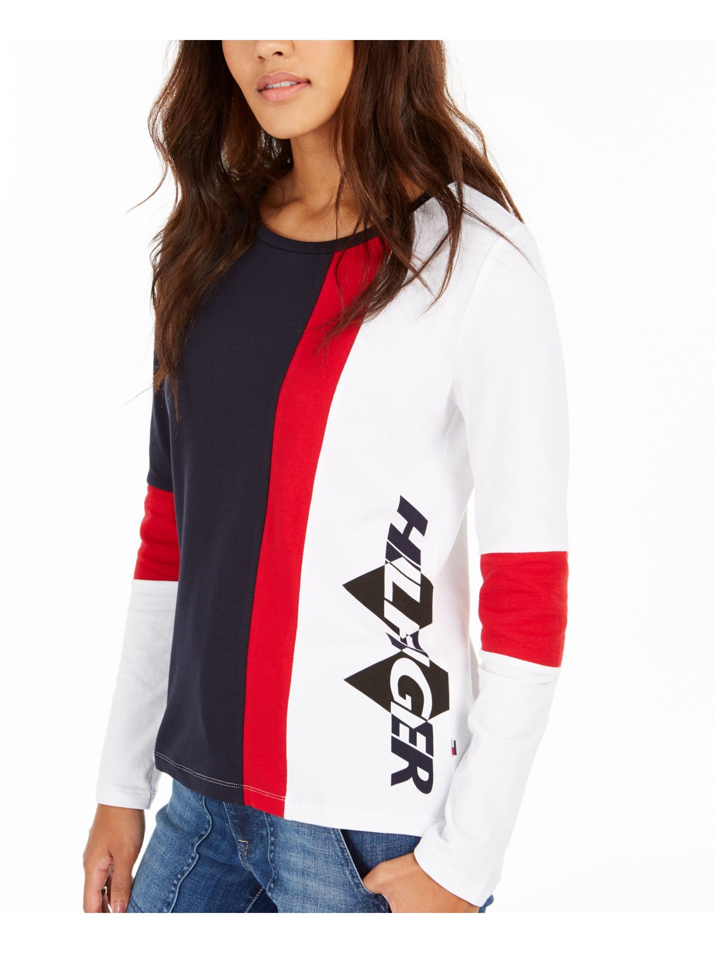 Camiseta feminina Tommy Hilfiger Color Block, manga comprida, gola redonda, azul, tamanho GG