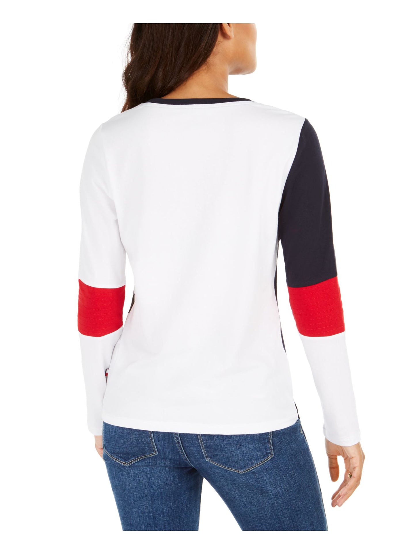 Camiseta feminina Tommy Hilfiger Color Block, manga comprida, gola redonda, azul, tamanho GG