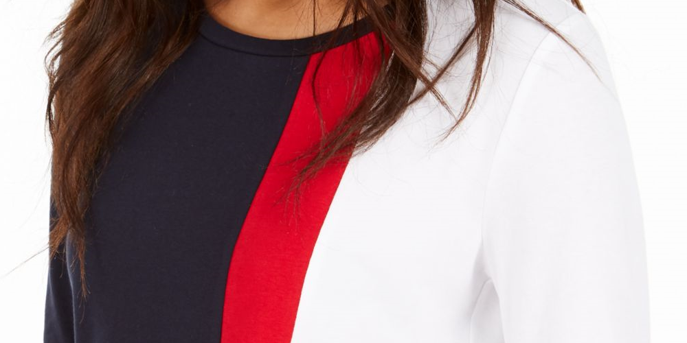 Camiseta feminina Tommy Hilfiger Color Block, manga comprida, gola redonda, azul, tamanho GG