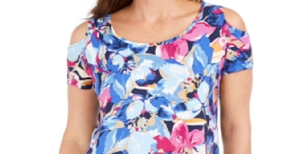 Blusa feminina estampada com ombros descobertos, azul, tamanho pequeno, da coleção JM