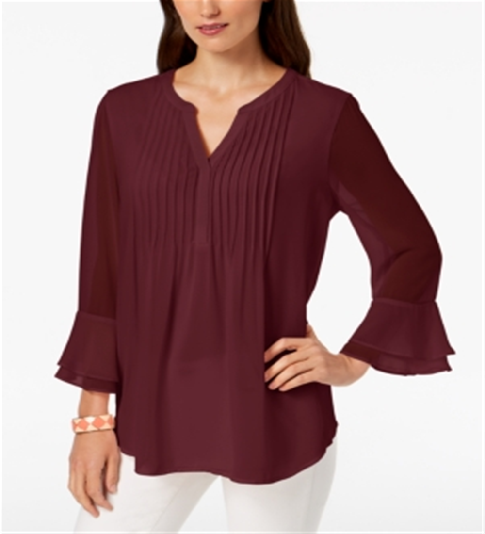 Charter Club Blusa feminina lisa com babados duplos e pregas, marrom, tamanho pequeno G