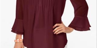 Charter Club Blusa feminina lisa com babados duplos e pregas, marrom, tamanho pequeno G