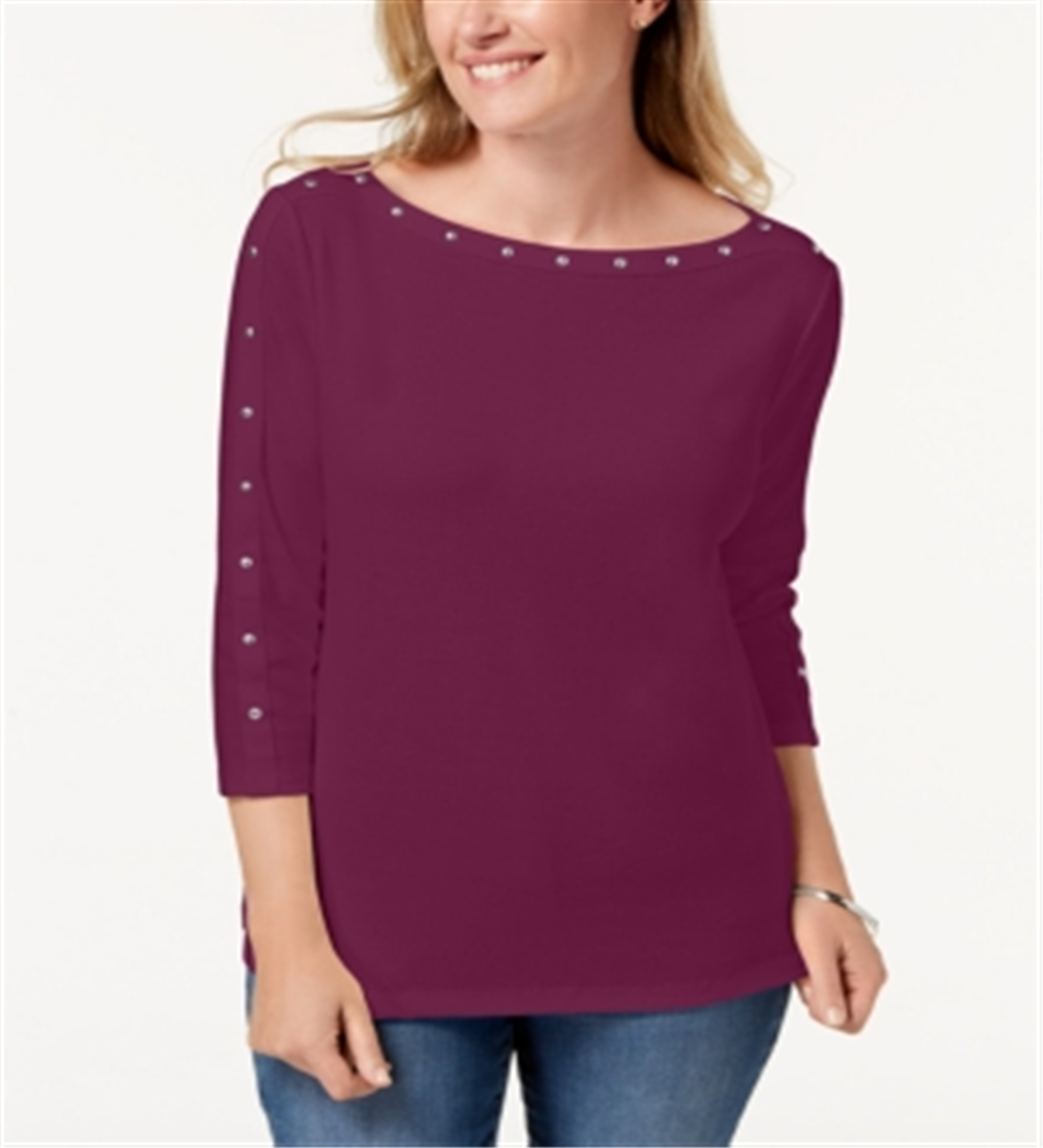 Karen Scott Blusa Feminina de Algodão com Decote Canoa e Tachas Roxa Tamanho XS