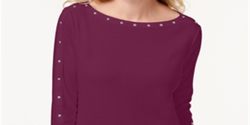 Karen Scott Blusa Feminina de Algodão com Decote Canoa e Tachas Roxa Tamanho XS