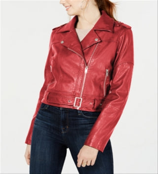 Collection B Junior's Faux Leather Belted Moto Jacket Red Size Small