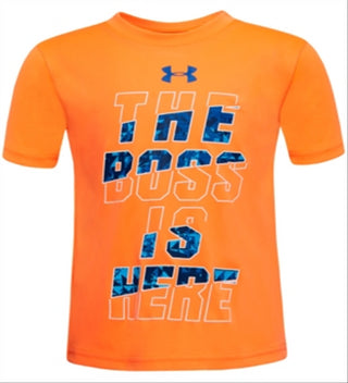 Camiseta estampada Boss para meninos da Under Armour, laranja, tamanho 4