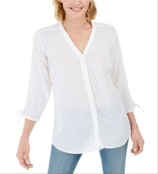 Blusa feminina Charter Club com mangas compridas e amarradas, branca, tamanho pequeno