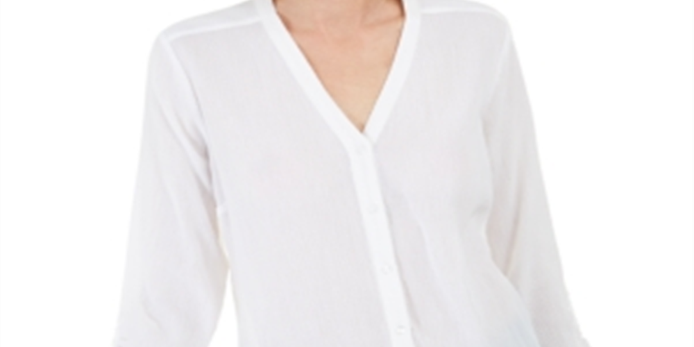 Blusa feminina Charter Club com mangas compridas e amarradas, branca, tamanho pequeno