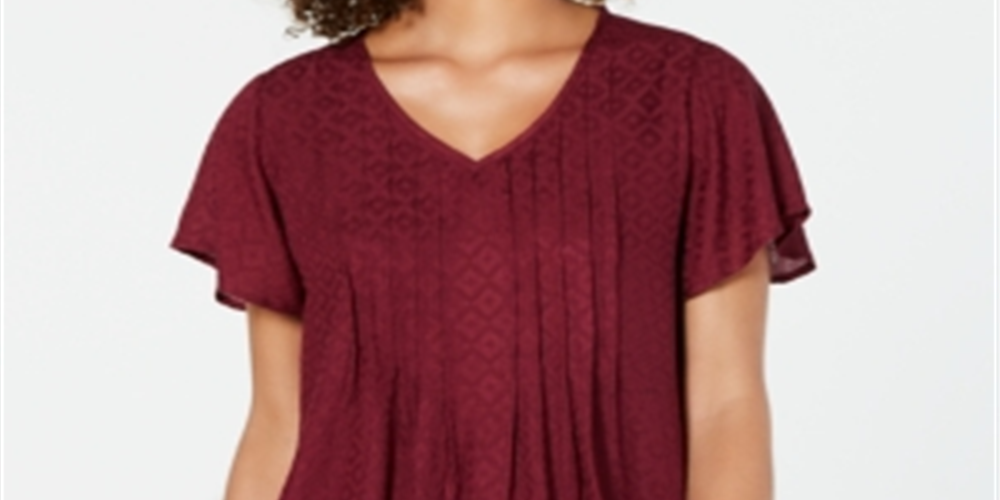 Blusa texturizada com mangas esvoaçantes estilo &amp; co feminina, tamanho Winestone, tamanho Petite S