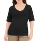 Blusa feminina Karen Scott com decote em V e detalhes em botões, preta, tamanho médio