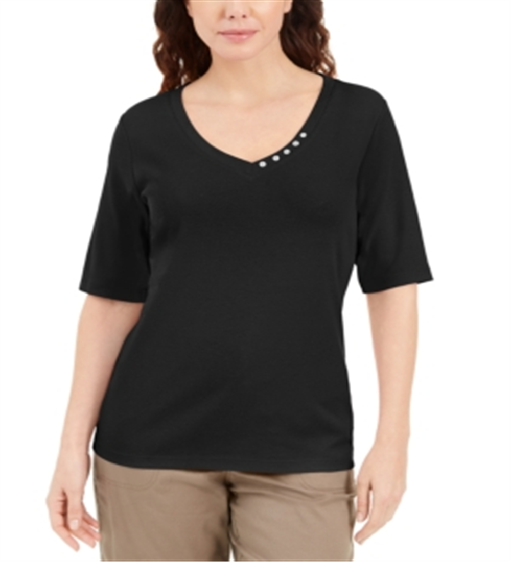 Blusa feminina Karen Scott com decote em V e detalhes em botões, preta, tamanho médio