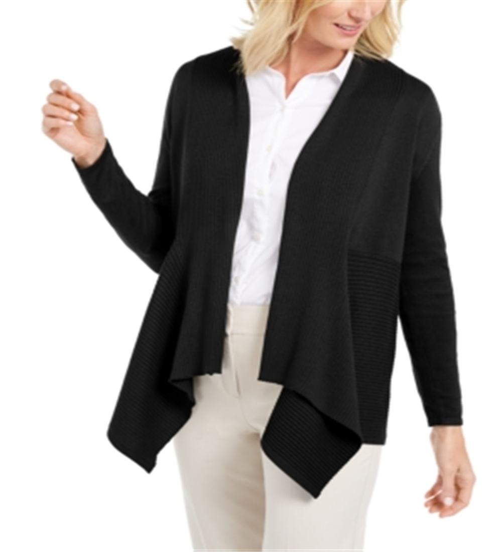 Cardigan feminino JM Collection com nervuras mistas e botões, preto, tamanho pequeno