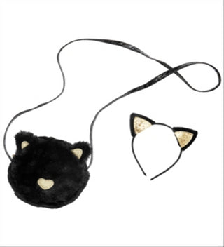 Conjunto de 2 peças de faixa de cabeça de gato e bolsa de pele sintética para meninas pequenas e grandes, tamanho preto, regular