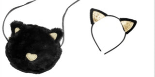Conjunto de 2 peças de faixa de cabeça de gato e bolsa de pele sintética para meninas pequenas e grandes, tamanho preto, regular