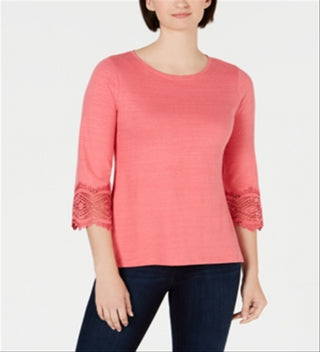 Top feminino Charter Club com acabamento em renda de algodão rosa tamanho pequeno pequeno