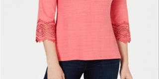 Top feminino Charter Club com acabamento em renda de algodão rosa tamanho pequeno pequeno