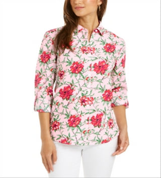 Camisa feminina Charter Club com estampa de linho e mangas curtas, rosa, tamanho pequeno