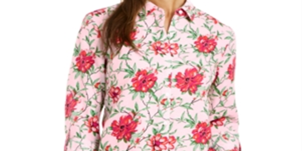 Camisa feminina Charter Club com estampa de linho e mangas curtas, rosa, tamanho pequeno