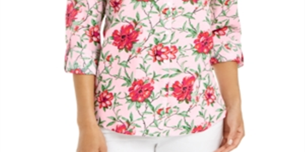 Camisa feminina Charter Club com estampa de linho e mangas curtas, rosa, tamanho pequeno