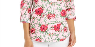 Camisa feminina Charter Club com estampa de linho e mangas curtas, rosa, tamanho pequeno