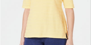 Charter Club Top feminino de algodão com listras e mangas compridas, tamanho médio, amarelo