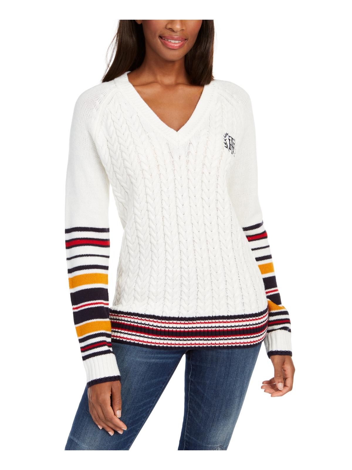 Tommy Hilfiger Suéter Feminino com Logo Bordado e Acabamento Contrastado, Branco, Tamanho X-S