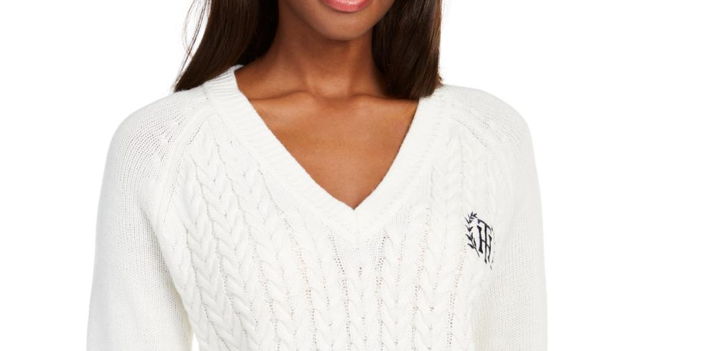 Tommy Hilfiger Suéter Feminino com Logo Bordado e Acabamento Contrastado, Branco, Tamanho X-S