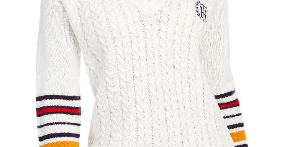 Tommy Hilfiger Suéter Feminino com Logo Bordado e Acabamento Contrastado, Branco, Tamanho X-S