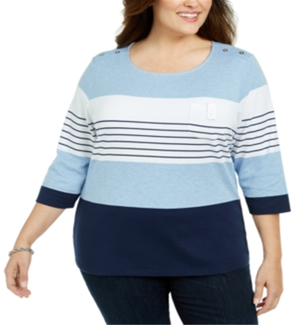 Karen Scott Blusa Feminina Decote Redondo Colorblock Azul Tamanho 1X