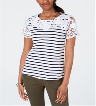 Charter Club Top listrado de crochê de algodão feminino, branco, tamanho X-S