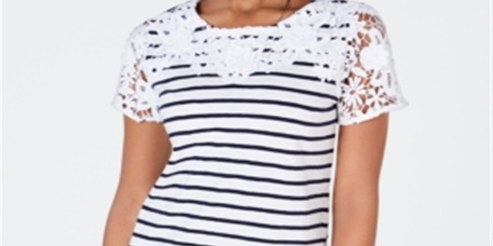 Charter Club Top listrado de crochê de algodão feminino, branco, tamanho X-S