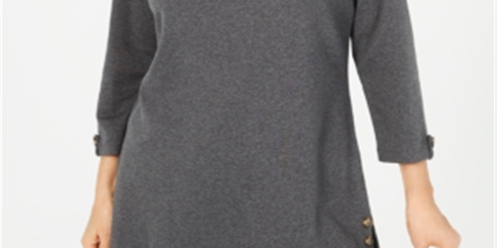 Karen Scott Blusa feminina de algodão com botões laterais e manga 3/4, tamanho P, cor carvão