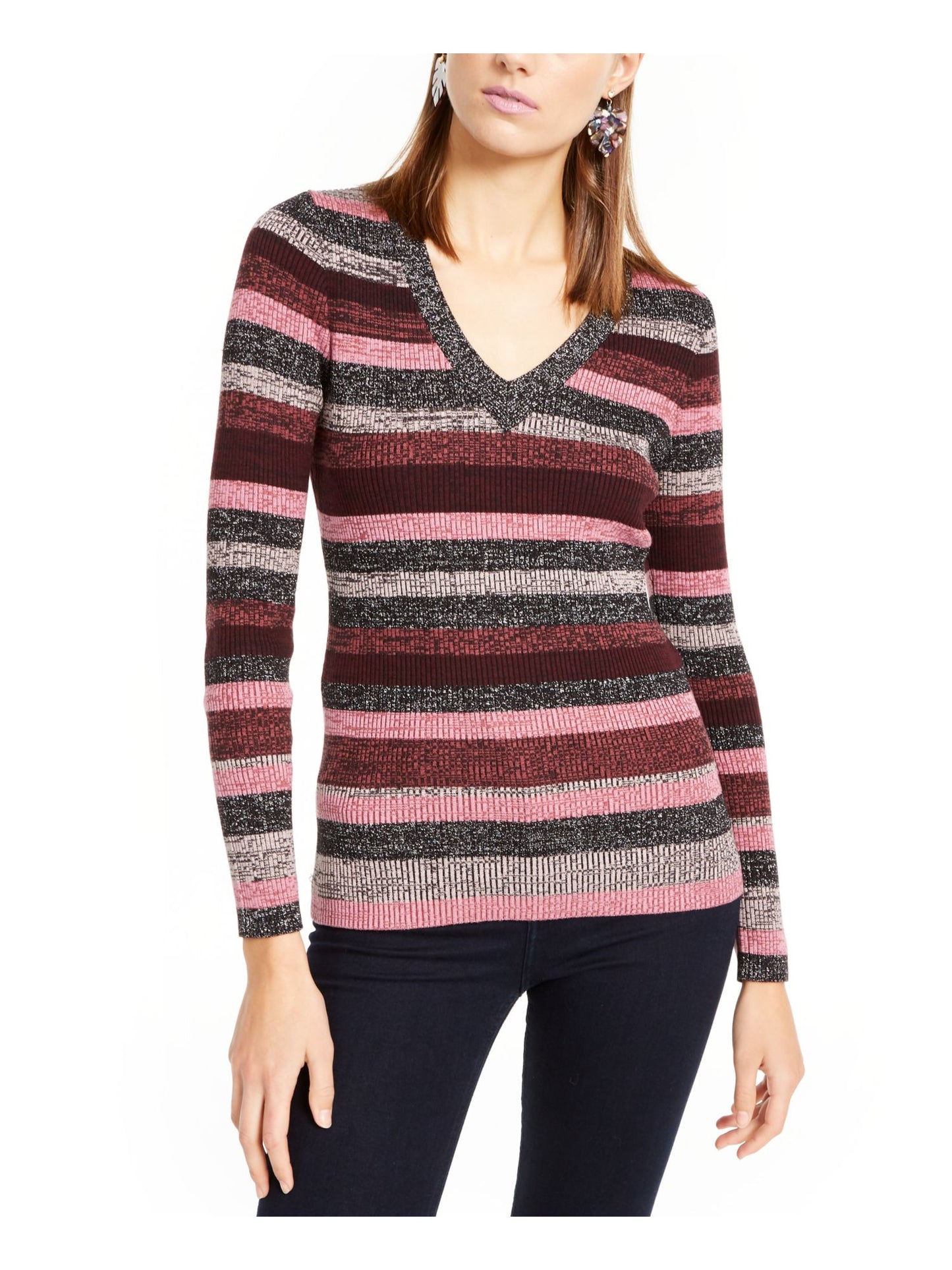 Suéter feminino com estampa de blocos de cores e manga comprida, gola V, rosa, tamanho pequeno e pequeno da INC International Concepts