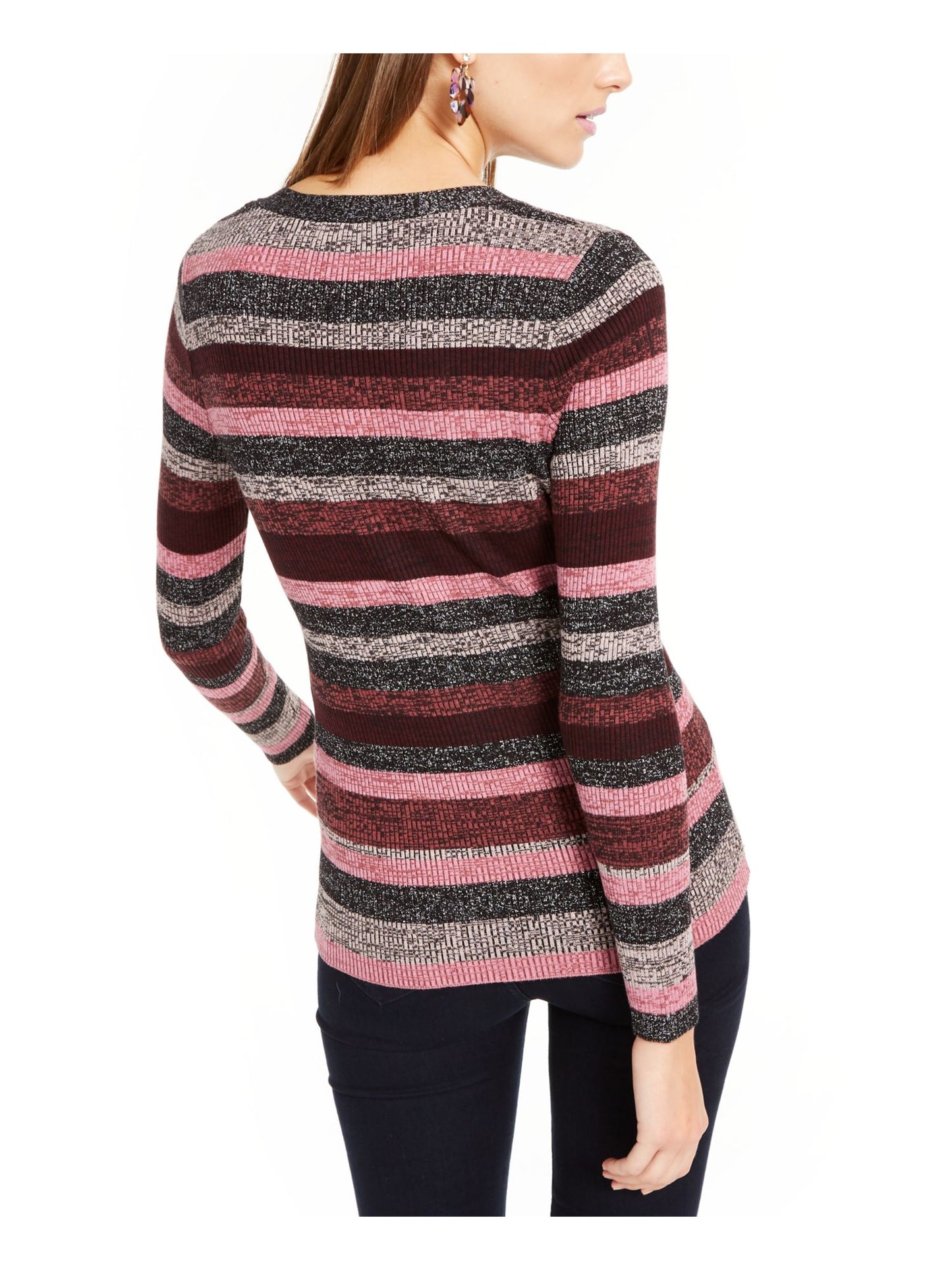 Suéter feminino com estampa de blocos de cores e manga comprida, gola V, rosa, tamanho pequeno e pequeno da INC International Concepts