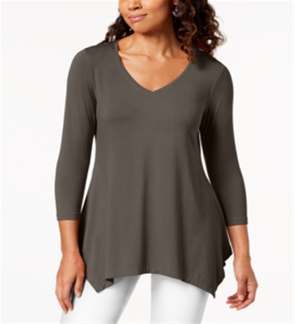 JM Collection Blusa feminina com decote em V e bainha em lenço, marrom, tamanho X-S