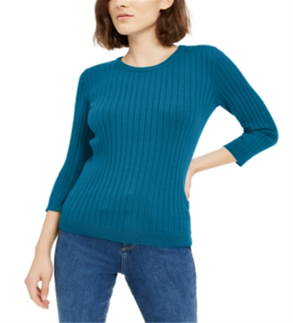 Suéter feminino Maison Jules com gola redonda canelada, verde, tamanho pequeno