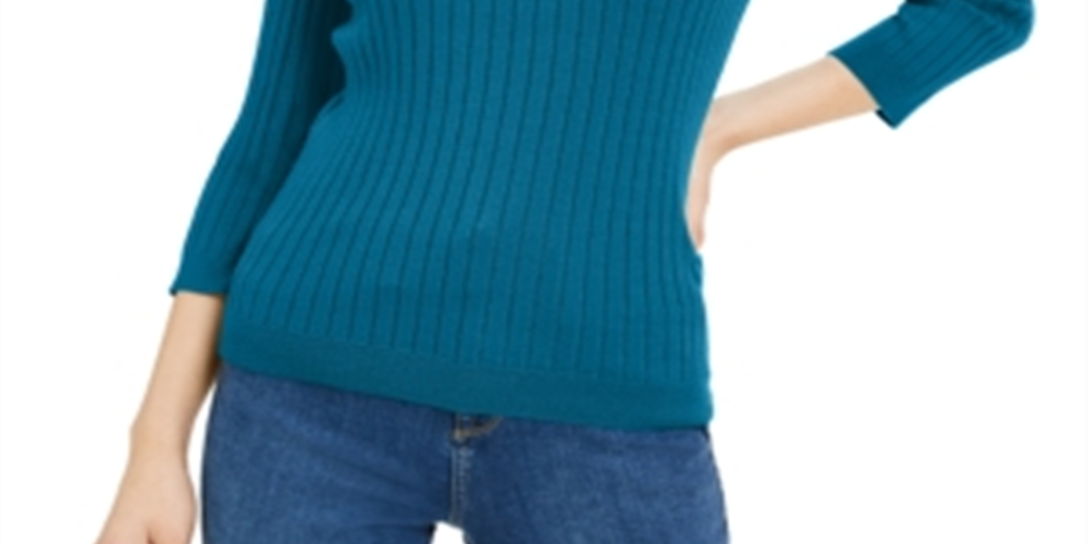 Suéter feminino Maison Jules com gola redonda canelada, verde, tamanho pequeno