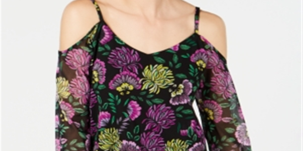 Blusa feminina INC International Concepts com decote em V e mangas curtas, floral, preta, tamanho pequeno médio