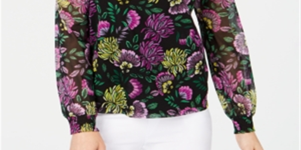 Blusa feminina INC International Concepts com decote em V e mangas curtas, floral, preta, tamanho pequeno médio
