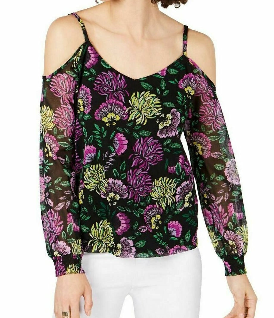 Blusa feminina com decote em V e ombros descobertos, floral, preta, tamanho pequeno e pequeno, da INC International Concepts