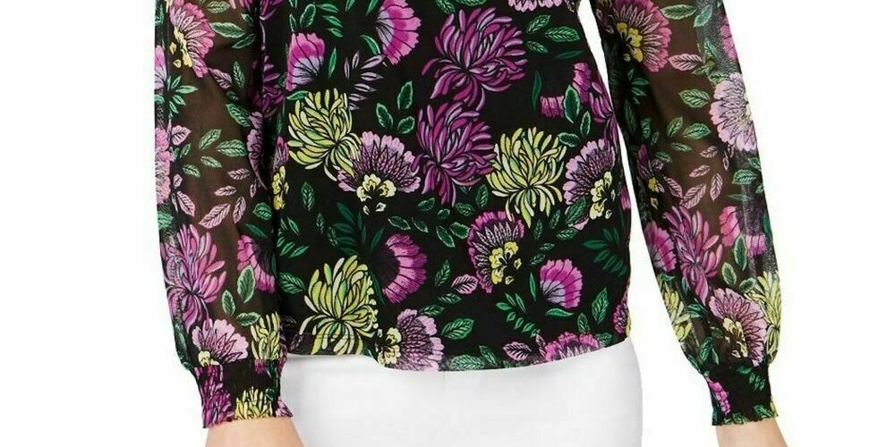 Blusa feminina com decote em V e ombros descobertos, floral, preta, tamanho pequeno e pequeno, da INC International Concepts