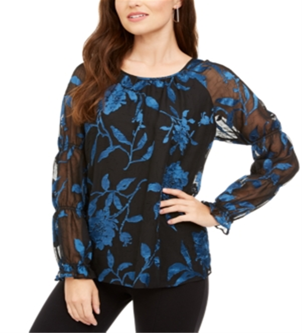 Blusa feminina Alfani Velvet Burnout com manga transparente e estampa floral azul, tamanho médio