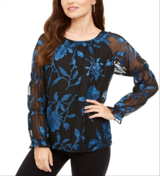 Blusa feminina Alfani Velvet Burnout com manga transparente e estampa floral azul, tamanho médio