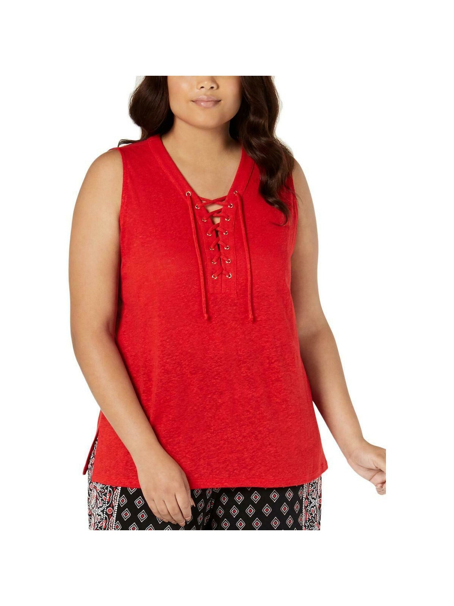 INC International Concepts Top feminino sem mangas com decote redondo e cadarço, tamanho pequeno, vermelho, médio