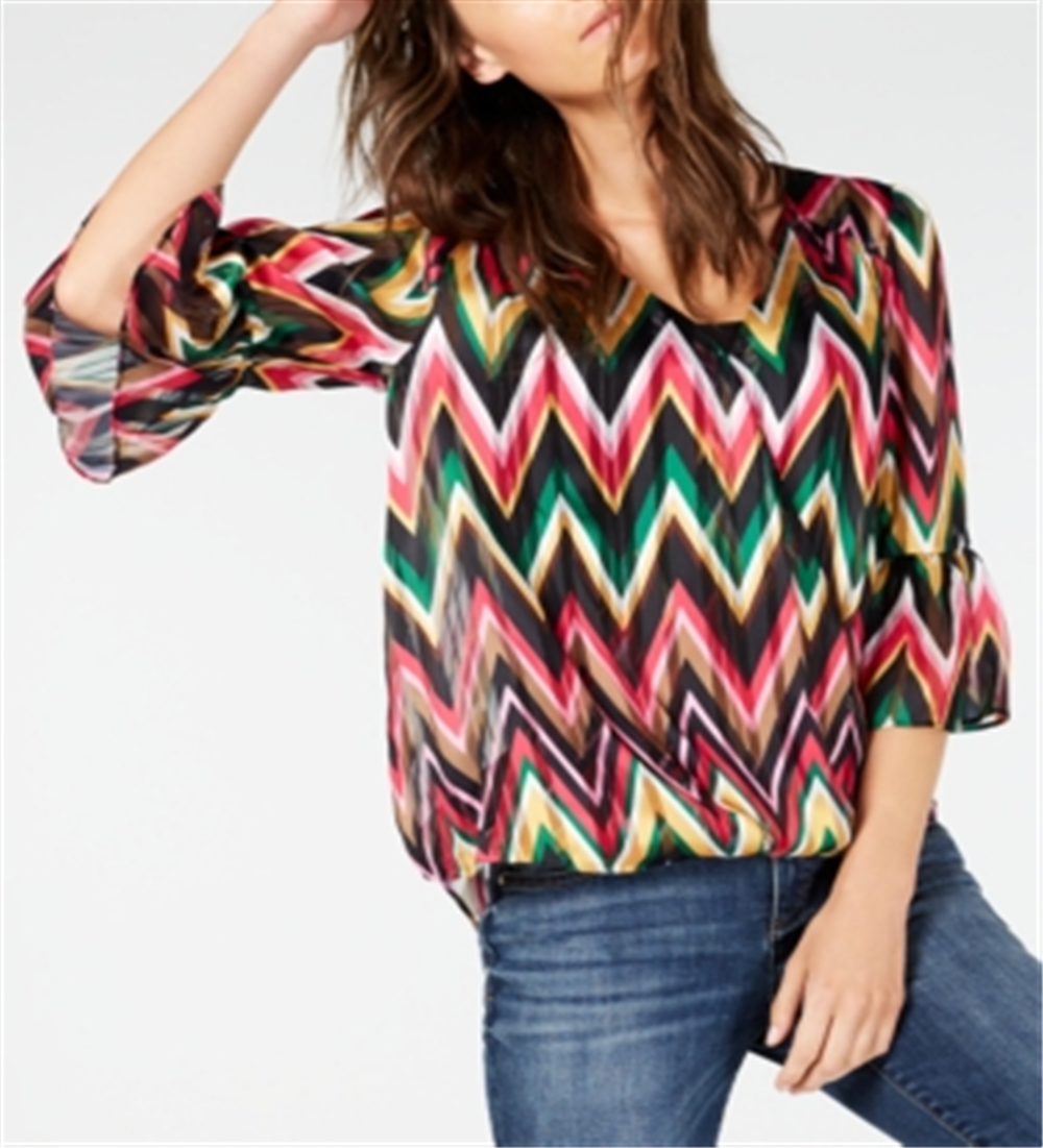 Blusa feminina com estampa de zigue-zague e manga sino, INC International Concepts, rosa, tamanho pequeno P