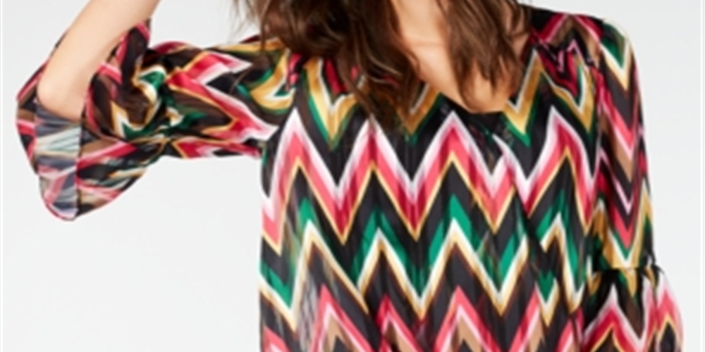 Blusa feminina com estampa de zigue-zague e manga sino, INC International Concepts, rosa, tamanho pequeno P