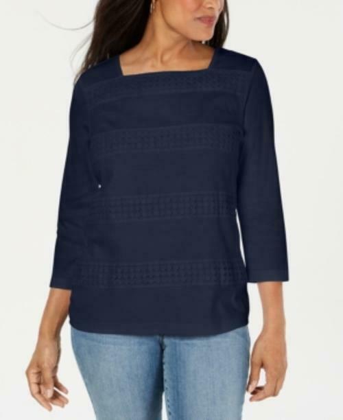 Karen Scott Blusa Feminina de Renda com Gola Quadrada e Manga 3/4 Azul Tamanho Pequeno