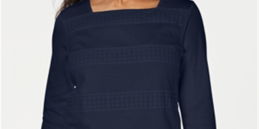 Karen Scott Blusa Feminina de Renda com Gola Quadrada e Manga 3/4 Azul Tamanho Pequeno