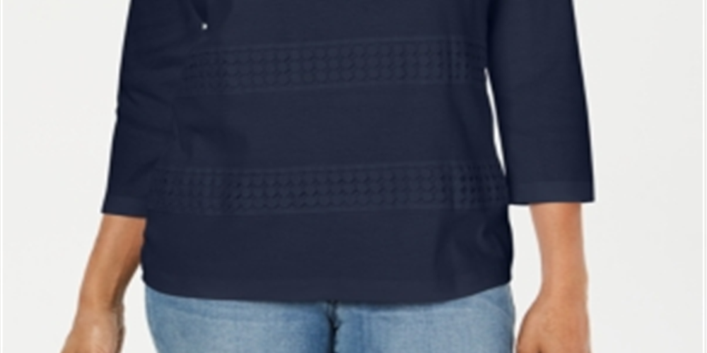 Karen Scott Blusa Feminina de Renda com Gola Quadrada e Manga 3/4 Azul Tamanho Pequeno
