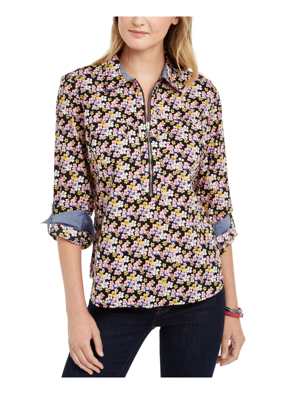 Blusa feminina Tommy Hilfiger com decote floral e zíper, rosa, tamanho pequeno